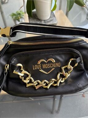 Love Moschino Black Crossbody Bag with Gold Heart Logo Chain